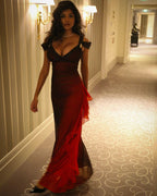 Sexy A Line Straps Ombre Burgundy Chiffon Long Classy Prom Dress