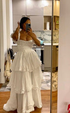 Sexy A Line Straps Ruffles Floor Length Chiffon White Classy Prom Dress 1697