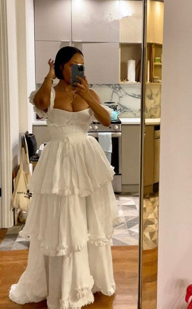 Sexy A Line Straps Ruffles Floor Length Chiffon White Classy Prom Dress 1697