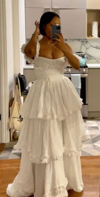 Sexy A Line Straps Ruffles Floor Length Chiffon White Classy Prom Dress