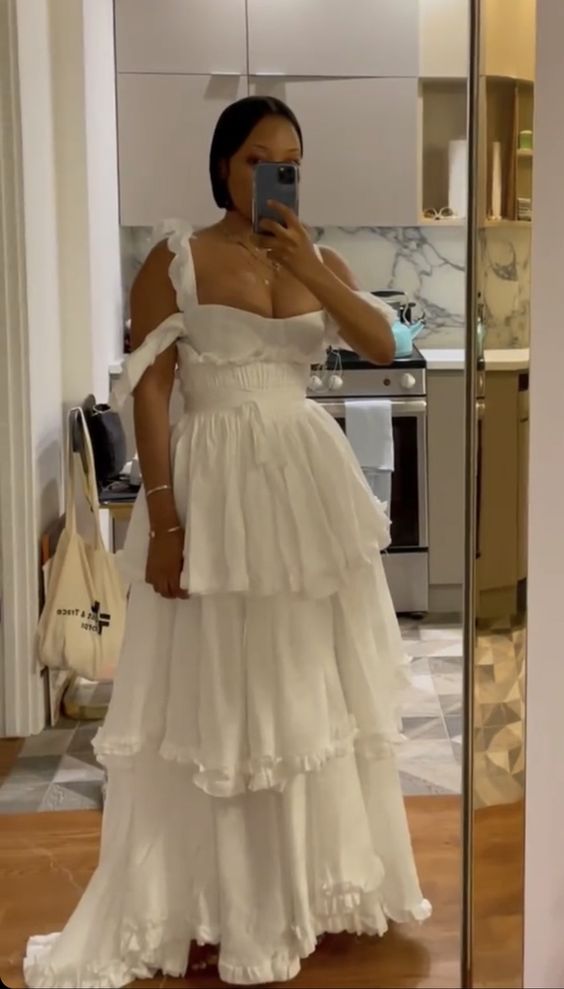 Sexy A Line Straps Ruffles Floor Length Chiffon White Classy Prom Dress