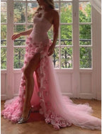 Sexy A Line Sweetheart Sleeveless Party Dress Pink Slit Flowers Classy Prom Dress