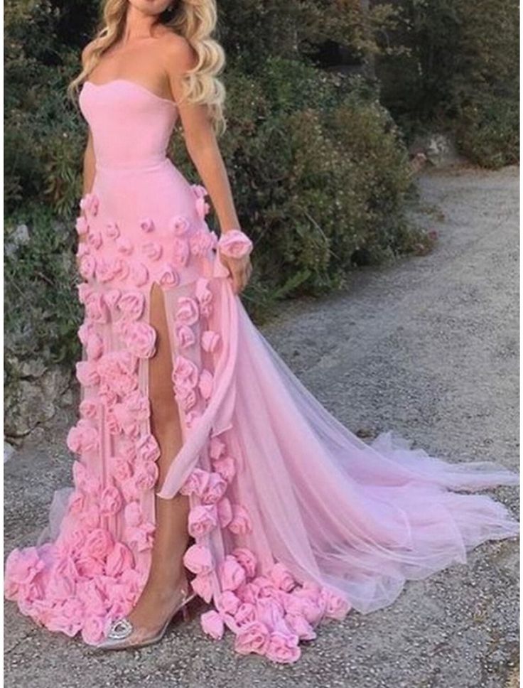 Sexy A Line Sweetheart Sleeveless Party Dress Pink Slit Flowers Classy Prom Dress