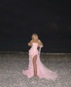 Sexy A Line Sweetheart Sleeveless Party Dress Pink Slit Flowers Classy Prom Dress