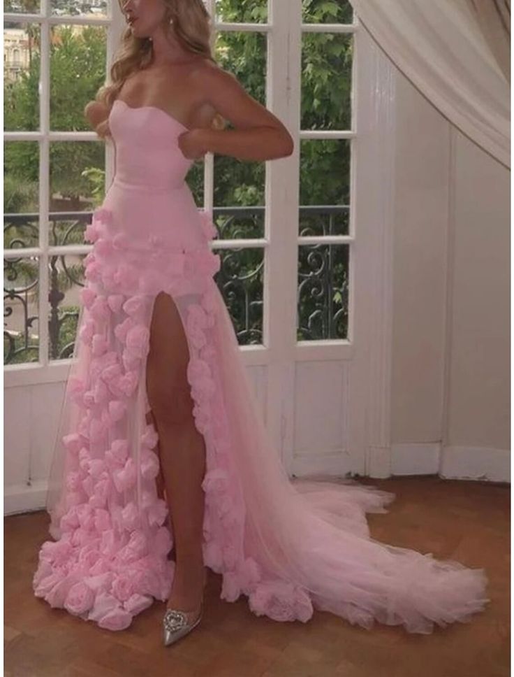 Sexy A Line Sweetheart Sleeveless Party Dress Pink Slit Flowers Classy Prom Dress Secondary image