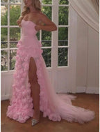 Sexy A Line Sweetheart Sleeveless Party Dress Pink Slit Flowers Classy Prom Dress