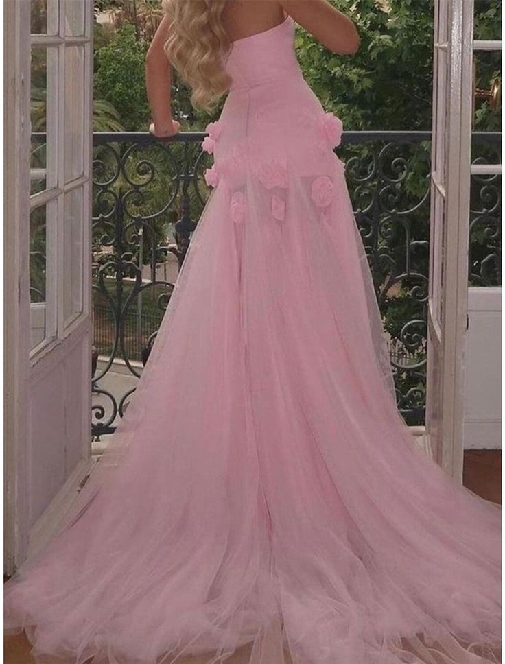 Sexy A Line Sweetheart Sleeveless Party Dress Pink Slit Flowers Classy Prom Dress