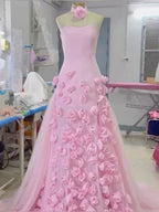 Sexy A Line Sweetheart Sleeveless Party Dress Pink Slit Flowers Classy Prom Dress
