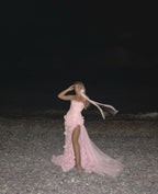 Sexy A Line Sweetheart Sleeveless Party Dress Pink Slit Flowers Classy Prom Dress