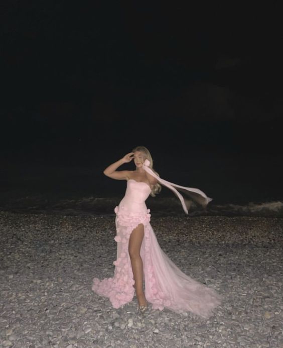 Sexy A Line Sweetheart Sleeveless Party Dress Pink Slit Flowers Classy Prom Dress