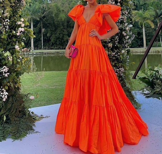 Sexy A Line V Neckline Organge Classy Prom Dress Long Party Dress