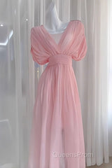 Sexy A Line V Neckline Ruffled Pink Chiffon Beach Dress WomenS Vacation Dress