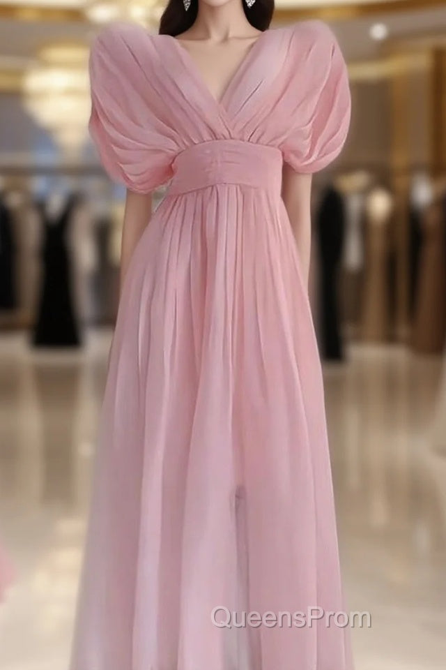 Sexy A Line V Neckline Ruffled Pink Chiffon Beach Dress WomenS Vacation Dress
