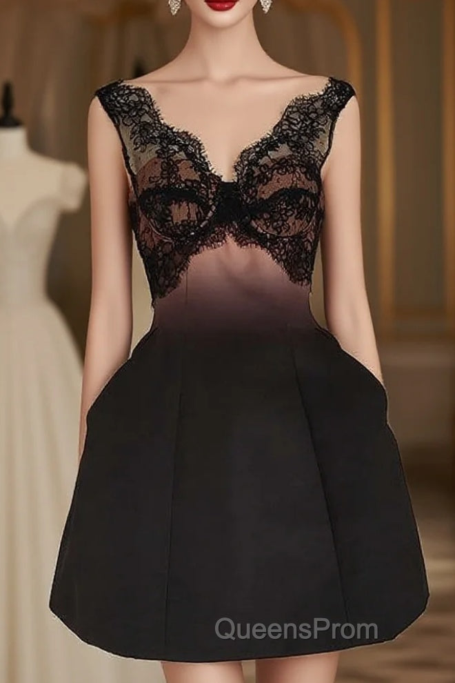 Sexy A Line V Neckline Satin Lace Vacation Dress Short Birthday Dress Main image