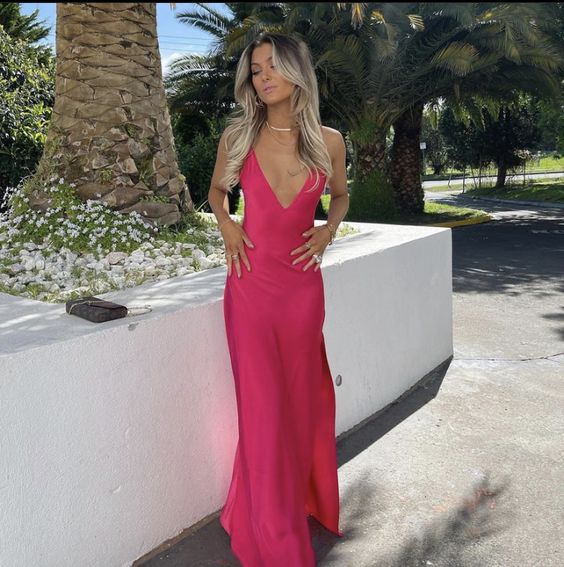 Sexy A Line V Neckline Sleeveless Party Dress Hot Pink Classy Prom Dress