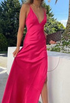 Sexy A Line V Neckline Sleeveless Party Dress Hot Pink Classy Prom Dress