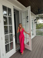 Sexy A Line V Neckline Sleeveless Party Dress Hot Pink Classy Prom Dress