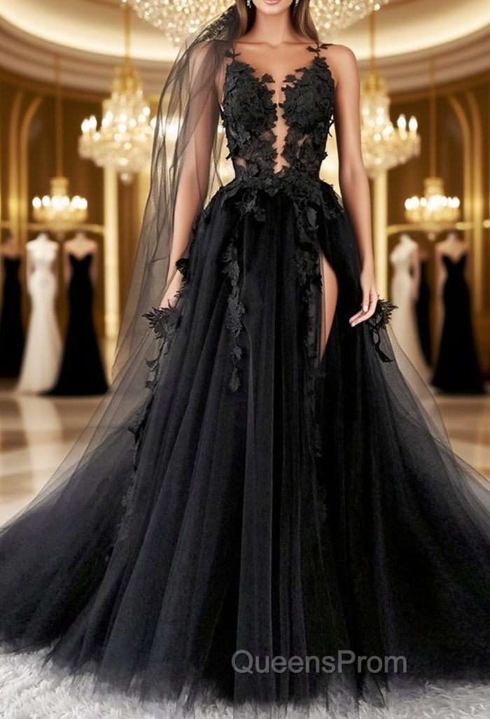 Sexy Backless Appliques Black Lace Long Evening Prom Dress, Black Lace Formal Dress, Black Evening Dress Main image