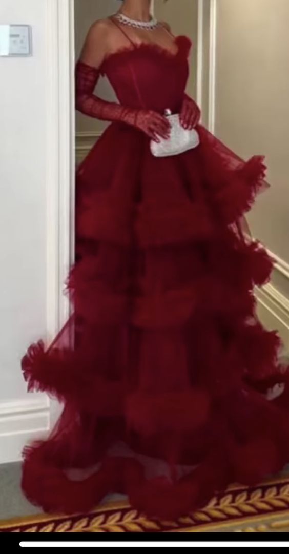 Sexy Ball Gown Long Straps Red Tulle Classy Prom Dress Secondary image