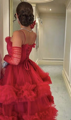 Sexy Ball Gown Long Straps Red Tulle Classy Prom Dress