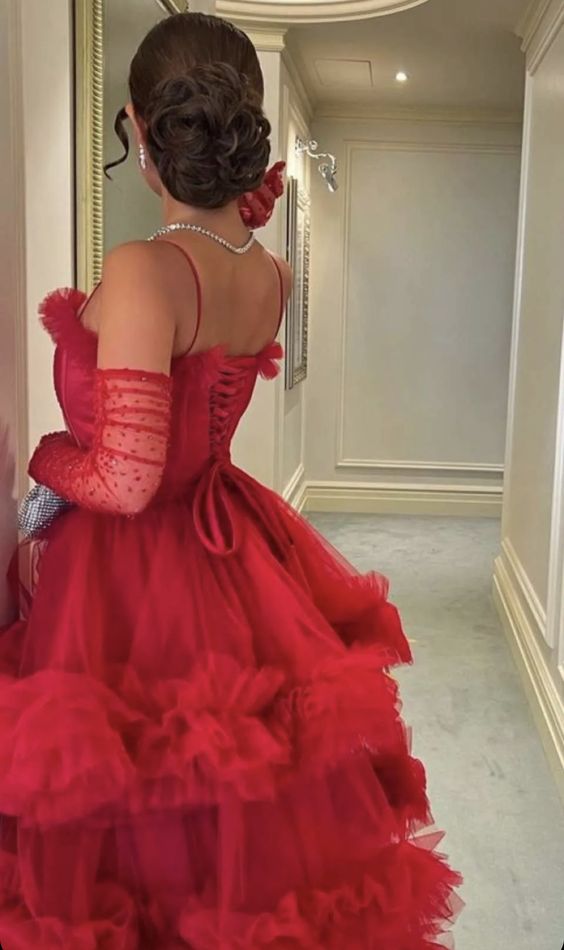 Sexy Ball Gown Long Straps Red Tulle Classy Prom Dress