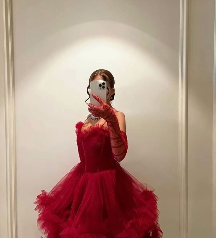 Sexy Ball Gown Long Straps Red Tulle Classy Prom Dress