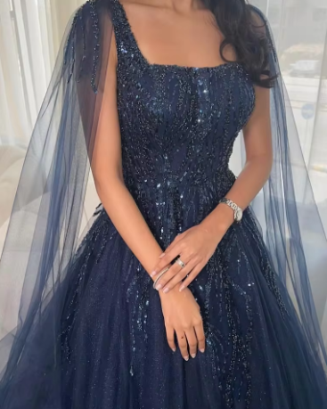Sexy Ball Gown Navy Blue Tulle Long Sequin Classy Prom Dress Long Party Dress