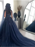 Sexy Ball Gown Navy Blue Tulle Long Sequin Classy Prom Dress Long Party Dress
