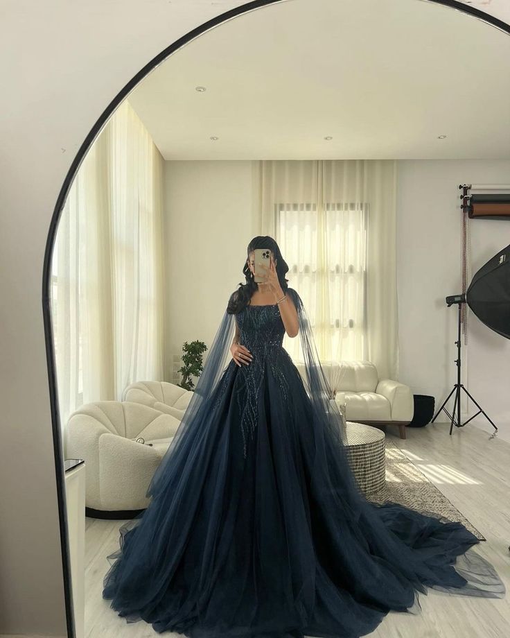 Sexy Ball Gown Navy Blue Tulle Long Sequin Classy Prom Dress Long Party Dress Main image