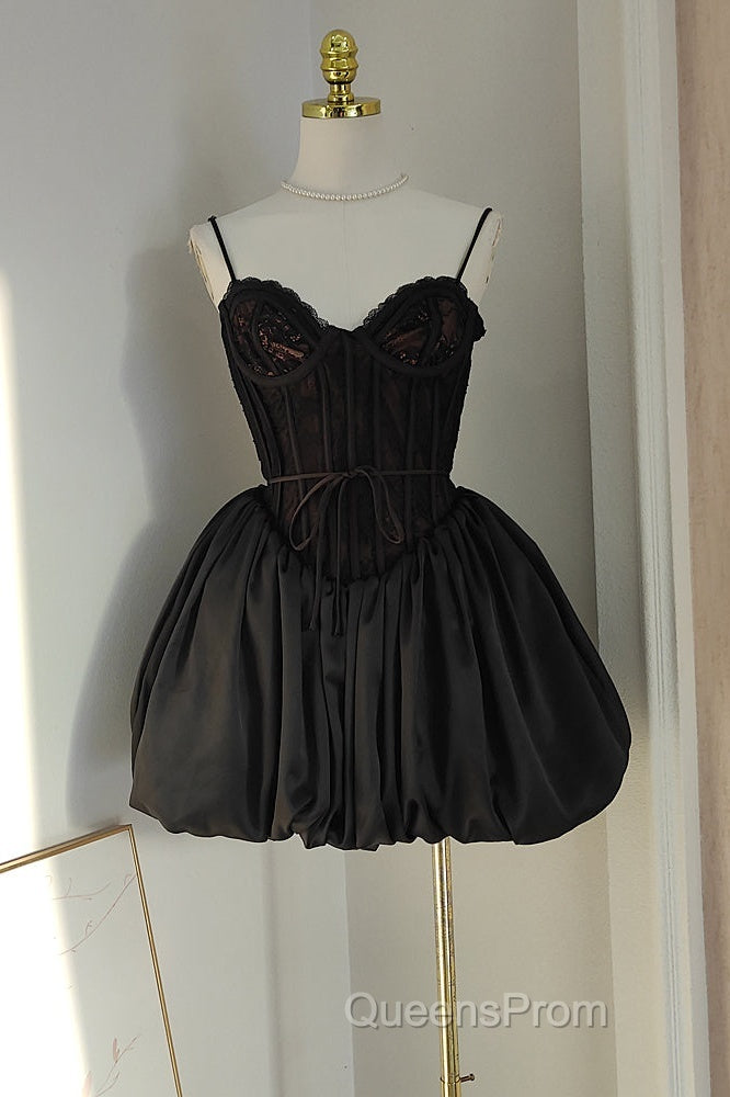 Sexy Ball Gown Spaghetti Straps Black Lace Travel Vacation Dress Short Satin Birthday Dress Secondary image