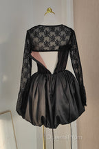 Sexy Ball Gown Spaghetti Straps Black Lace Travel Vacation Dress Short Satin Birthday Dress