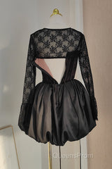 Sexy Ball Gown Spaghetti Straps Black Lace Travel Vacation Dress Short Satin Birthday Dress