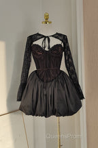 Sexy Ball Gown Spaghetti Straps Black Lace Travel Vacation Dress Short Satin Birthday Dress