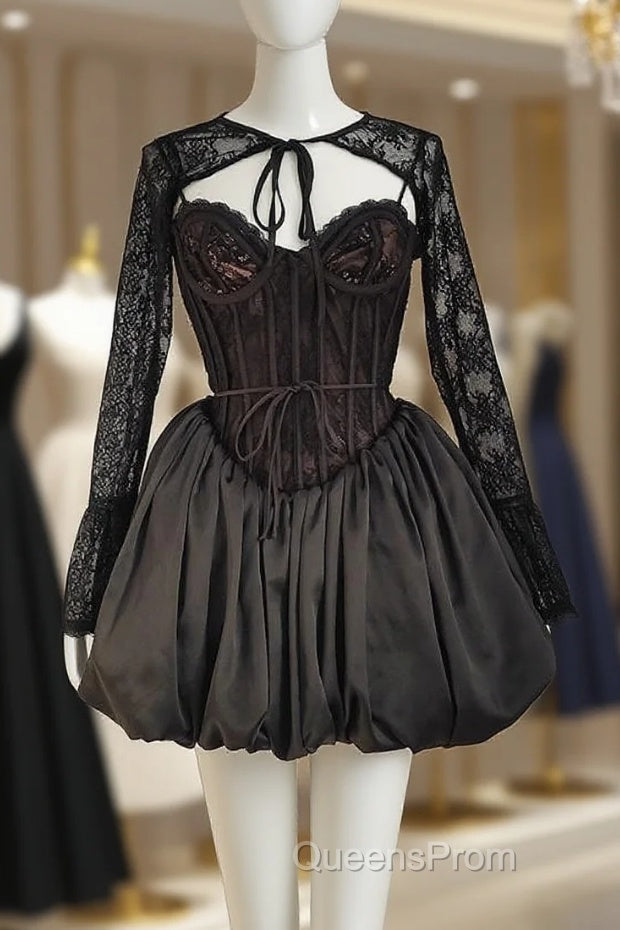 Sexy Ball Gown Spaghetti Straps Black Lace Travel Vacation Dress Short Satin Birthday Dress Main image