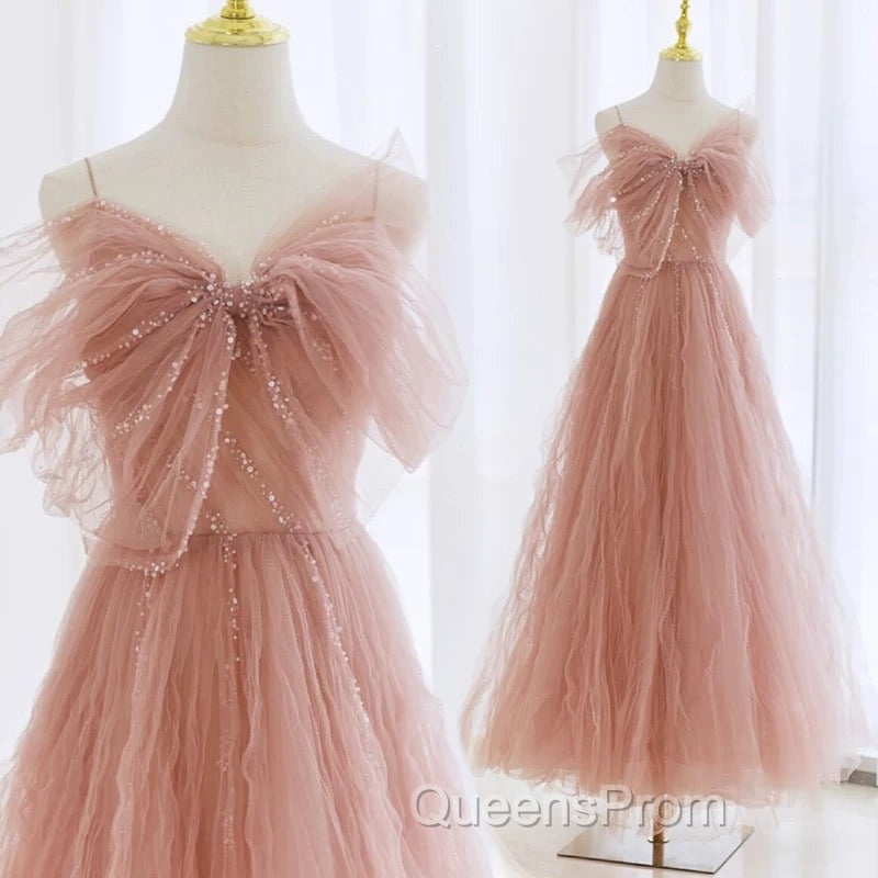 Sexy Ball Gown Spaghetti Straps Pink Tulle Evening Dress Evening Prom Dress