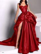 Sexy Ball Gown Strapless Burgundy Long Slit Party Dress Classy Prom Dress