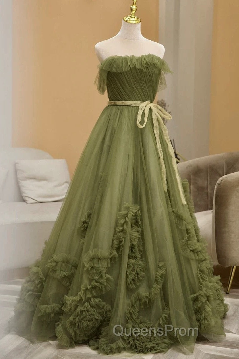 Sexy Ball Gown Strapless Neckline Green Ruffles Evening Dress Evening Prom Dress