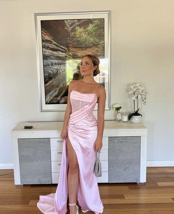 Sexy Birthday Dress Pink Strapless Classy Prom Dress Slit Birthday Outfits Main image