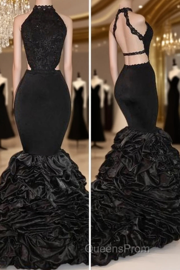 Sexy Black Backless Mermaid Ruffles Tiered African Long Lace Evening Prom Dress Main image
