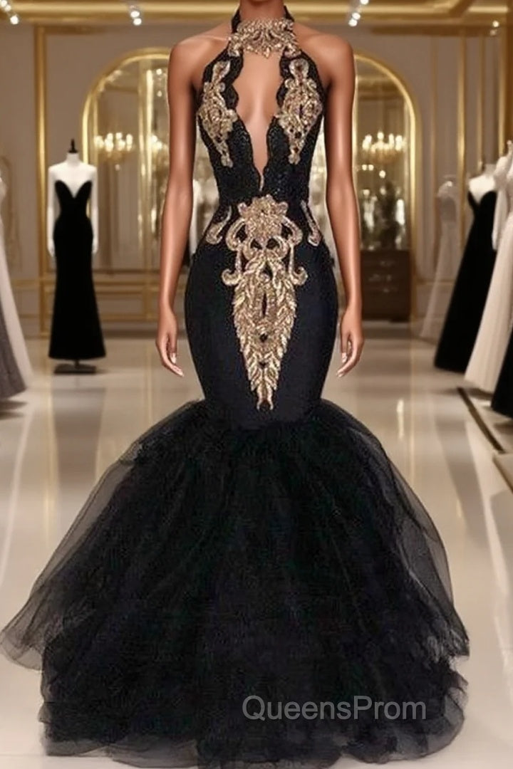 Sexy Black Halter Mermaid Long Evening Prom Dress Keyhole Lace Gold Shiny Applique Beaded Floor Length Evening Party Gowns Main image