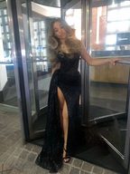 Sexy Black Lace Sequin Slit Long Classy Prom Dress Mermaid Classy Evening Dress