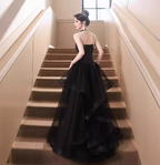 Sexy Black Spaghetti Strap V-Neck Split Sequined Tulle Long Classy Prom Dress