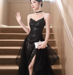 Sexy Black Spaghetti Strap V-Neck Split Sequined Tulle Long Classy Prom Dress