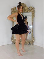 Sexy Black Sparking Short Cocktail Dress Back Open Tiered Sequin Graduation Gown Parties Night