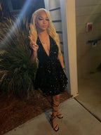 Sexy Black Sparking Short Cocktail Dress Back Open Tiered Sequin Graduation Gown Parties Night
