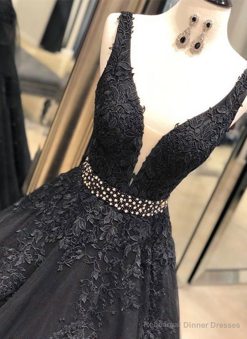 Sexy Black V Neck Tulle Long Prom Dress,Evening Dress Formal Wear Main image