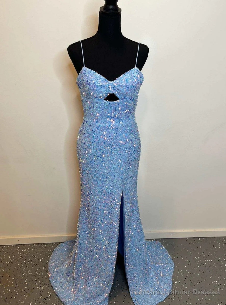 Sexy Blue Mermaid Sequins Spaghetti Straps prom Dress Main image