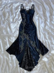 Sexy Bodycon Mermaid Straps Long Navy Blue Lace Evening Prom Dress Party Dress