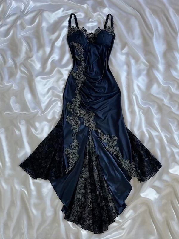 Sexy Bodycon Mermaid Straps Long Navy Blue Lace Classy Prom Dress Party Dress Main image