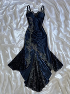 Sexy Bodycon Mermaid Straps Long Navy Blue Lace Classy Prom Dress Party Dress